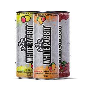 Three cans of White Rabbit Seltzer